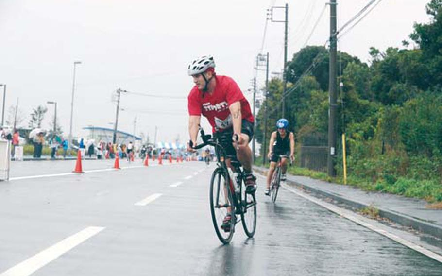 During the bike portion, I prepare to navigate one of the 180 degree turns in the course.