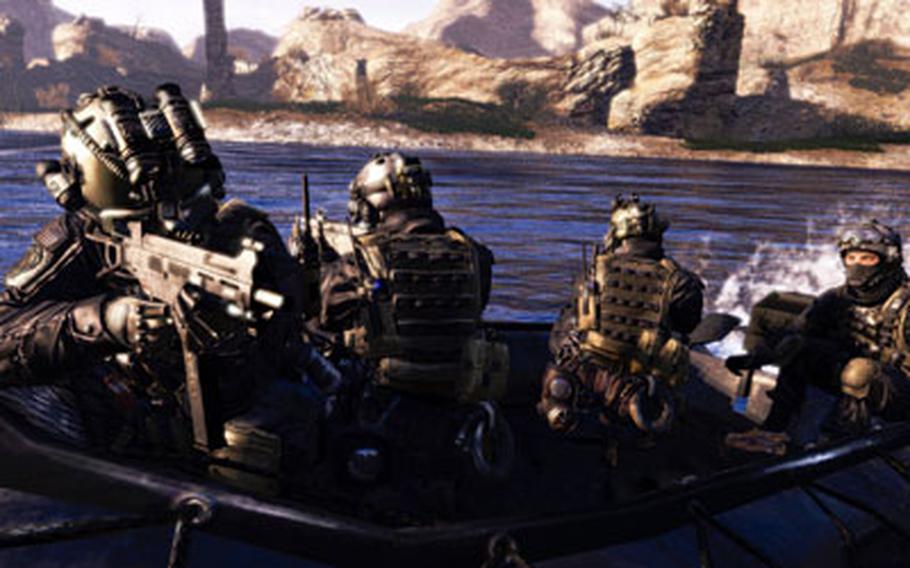 U.S. troops pursue your character along a river in Afghanistan during one of the later missions in the game.