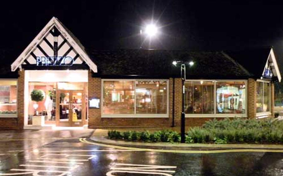 Prezzo is at the Clock Tower Roundabout at the east end of the High Street in Newmarket, England. Entrees cost about 7-10 pounds, and starters and desserts can be found for less than 5 pounds.