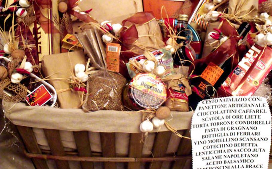 During the holiday season, the Champs Elysees also sells gift baskets containing traditional items such as salamis, dried hams and and dried beans that historically would have been exchanged among some of Naples&#39; poor families.