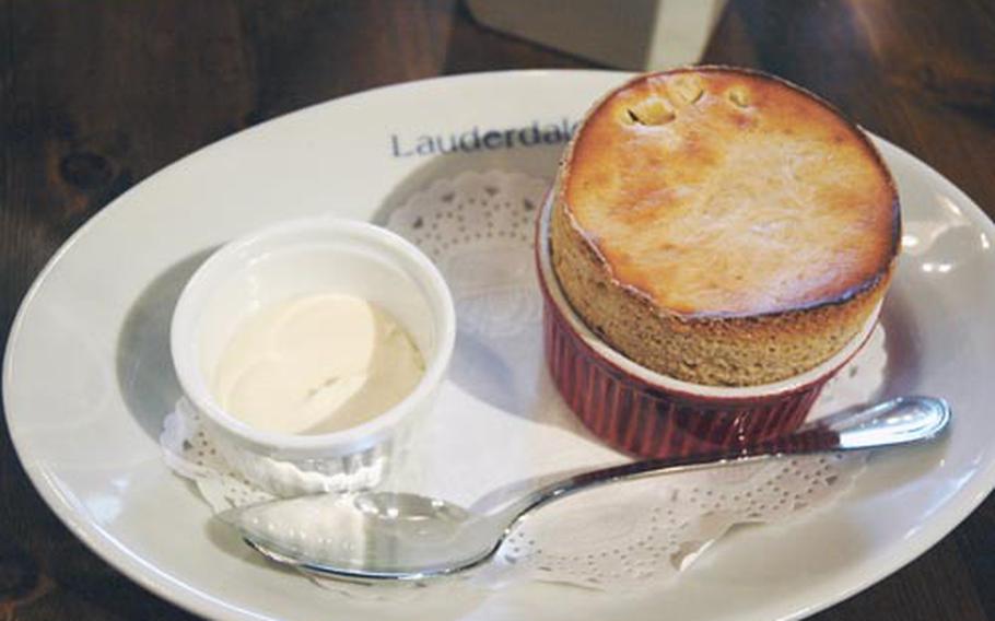 Save room for dessert. Lauderdale serves savory soufflés, such as this apple and cinnamon soufflé with whipped cream. Be patient when ordering one; the staff says each one takes about 20 minutes to cook.