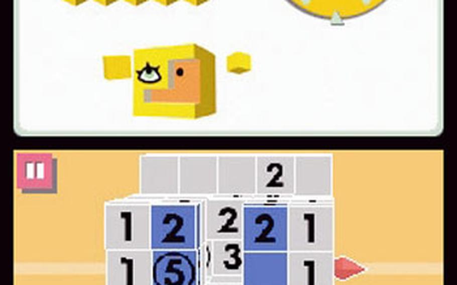 The numerals on the sides of the cubes in “Picross 3D” indicate how many “hits” are in a row or column. Knocking out the right cubes reveals a hidden object, such as this monkey.