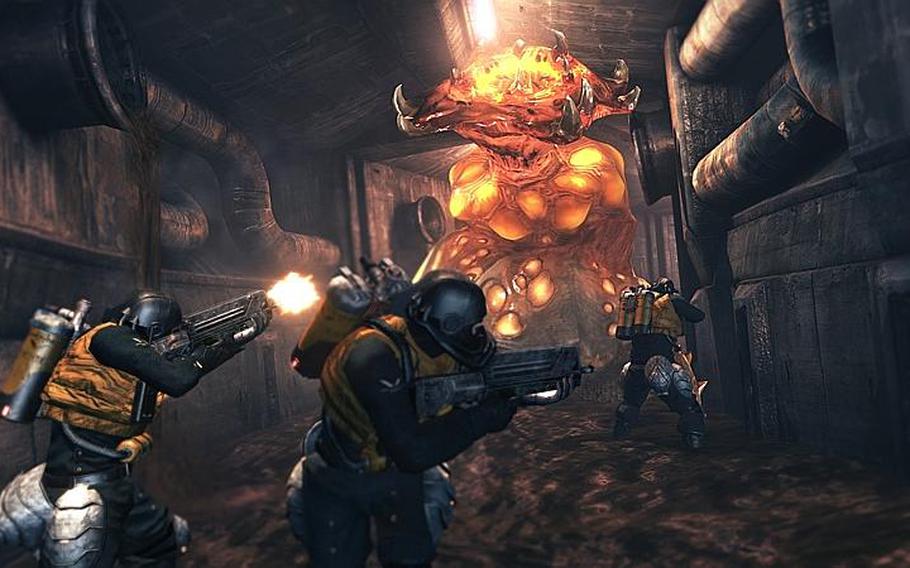 Players try to take down an Akrid in sewers beneath a city in “Lost Planet 2.”