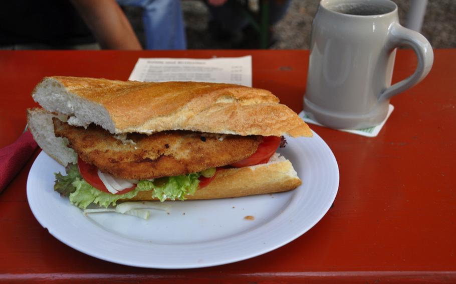 The monster-sized schnitzel sandwich will cost you 5.50 euros at the Bootshaus in Bamberg.