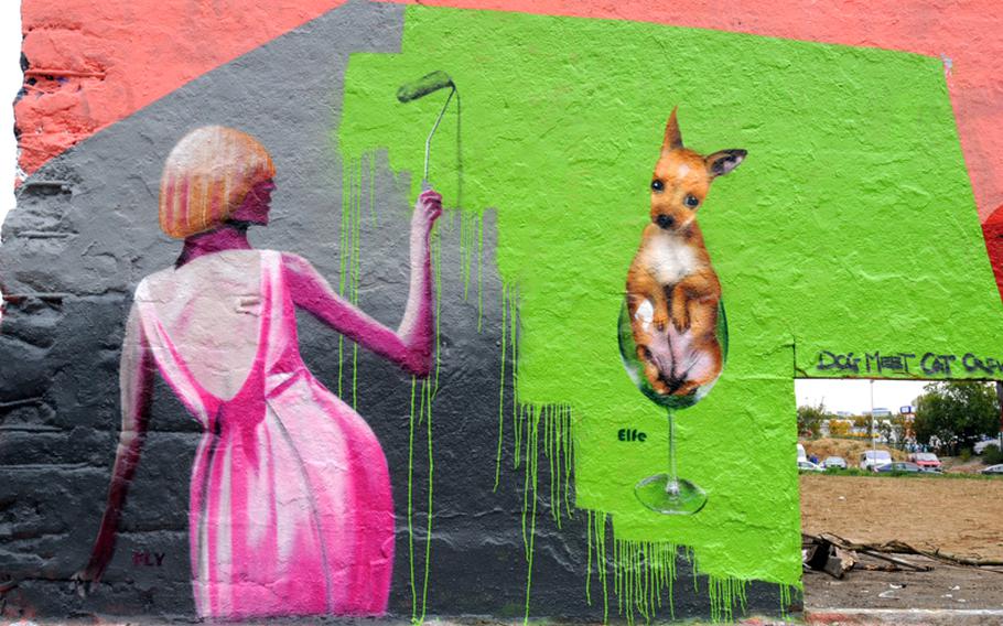 This photo, taken in 2008, show one of the brightly colored murals that were common at the Schlathof, Wiesbaden's former slaughterhouse district, before many of the walls were demolished to make way for the memorial park.