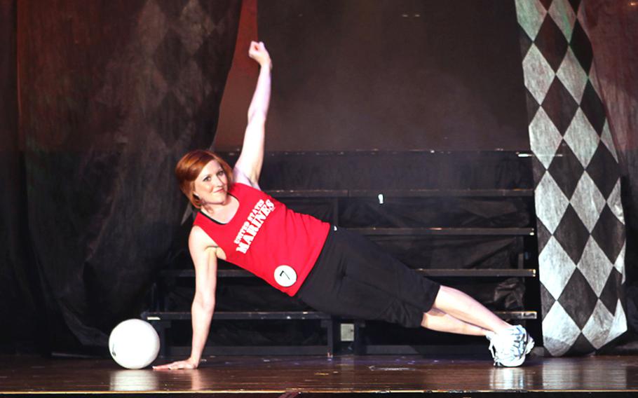 Kari Skelton displays her physical fitness volleyball routine.