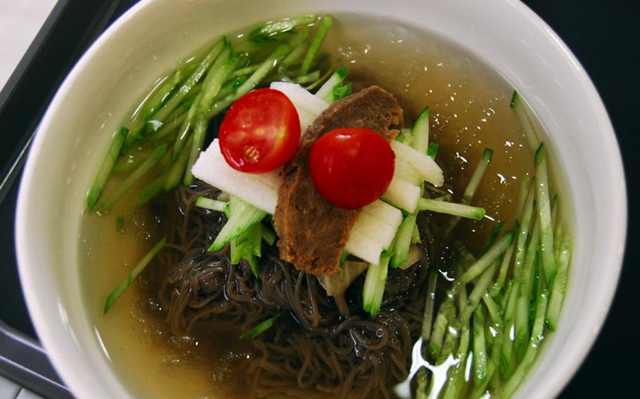 Vegetarian naeng myeon, or cold noodles served in imitation meat broth, at the Loving Hut in Hannam-dong, Seoul.