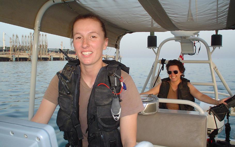 Coast Guard 2nd Class Petty Officer Melissa Steinman commands a 25-foot Boston Whaler, a tactical boat used to protect shipping in Kuwait. During her year in Kuwait, Steinman's frequent encounters with threatening speed boats resulted in her being diagnosed with PTSD when she returned home. She said a special retreat in southern Oregon, where poetry was used to cope with her stress, was 'cleansing.'