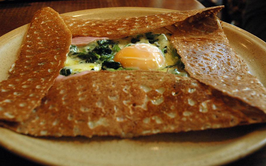 The savory galettes at Café-Creperie Le Bretagne usually come with eggs, ham and cheese, and a mix of different vegetables. My favorite of late is the spinach, for 1,150 yen.