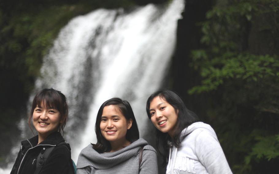 On Grant Okubo&#39;s second trip to the Izu waterfalls, he brought his friends Kyoko Sugisaki, left, Chuen-Ping Chan, center, and Colleen Lum to enjoy the watery wonders.