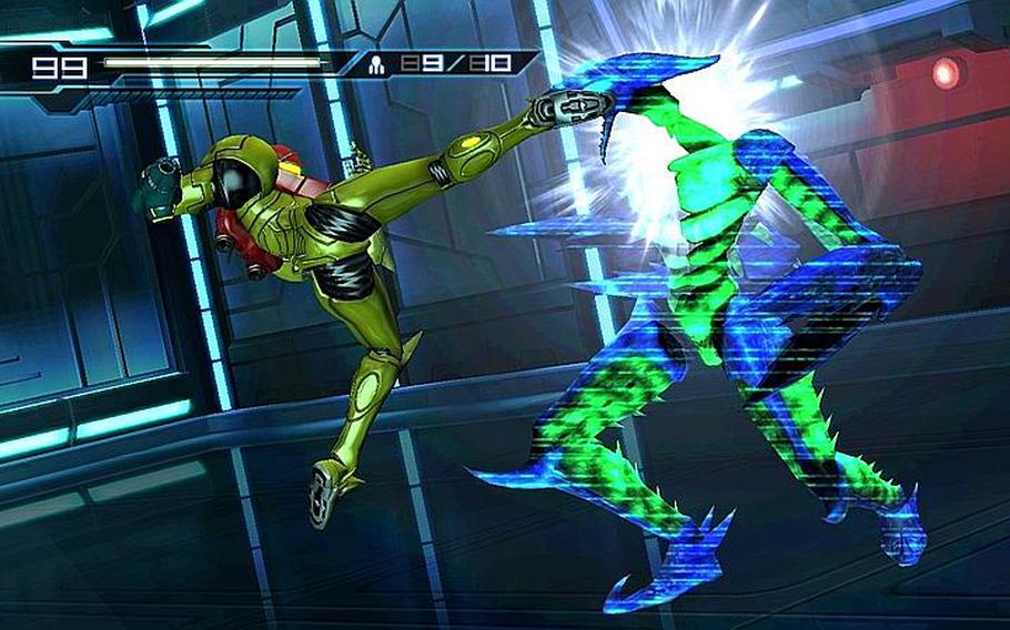 Samus delivers a high kick to a foe in 'Metroid: Other M.'