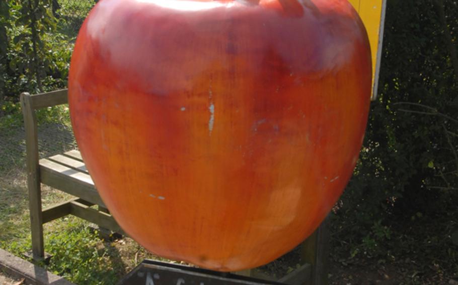 An oversized apple directs guests to the Appel Happel orchards near Mainz, Germany, where they can pick their own apples and pears. The prices for picking your own apples and pears start at 1.20 euros for a kilogram.