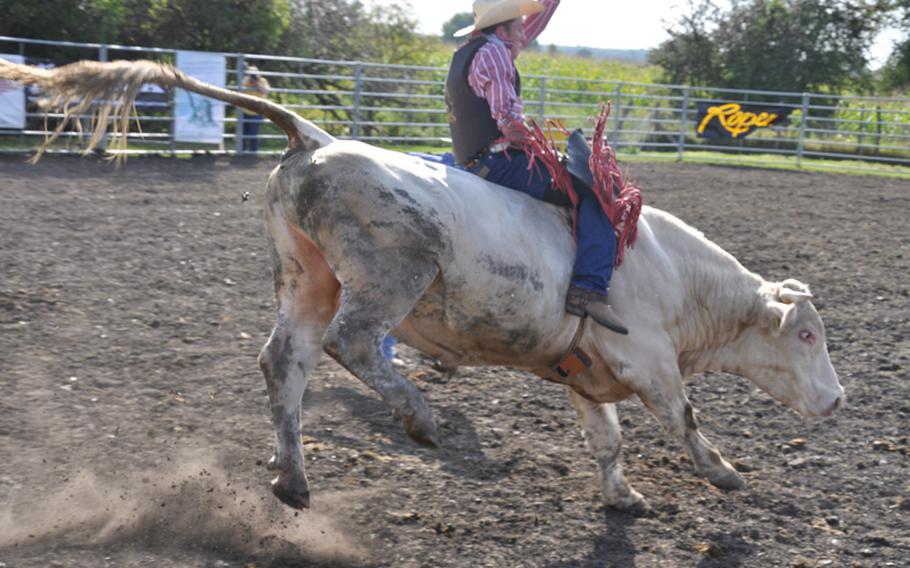 German Patrick Göschel rides Jonny E during a America Rodeo rodeo event  in Russheim, Germany.