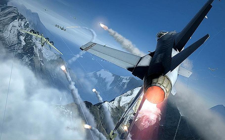 An F-16 banks after launching missiles at a foe in 'HA.W.X. 2.' the new air-combat game from Ubisoft.