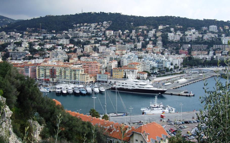 In Nice, France, Castle Hill offers panoramic views of the harbor, beaches and the mountains in the distance. The harbor is a popular stopping place for both private pleasure boats and tour liners.