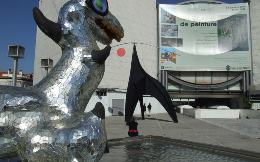 Modern sculpture makes a statement in front of the Museum of Modern and Contemporary Art in Nice, France.