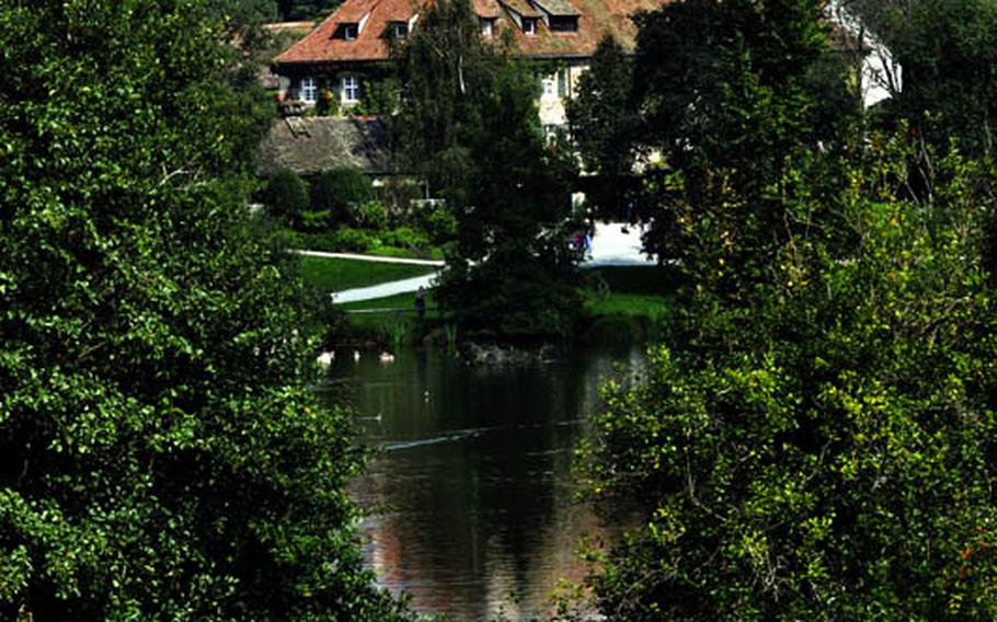 The restaurant and gift shop of Affenberg are near a small pond full of carp and birds in Bodensee, Germany. A group of storks migrate from Africa every year to roost on the roof of the buildings there and raise their young.