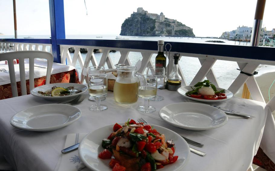 From the terrace seating at Chalet Primavera, diners can take in a spectacular and unobstructed view of the famed Castello Aragonese as they dine on traditional and savory dishes such as seafood bruschetta and marinated sardines.