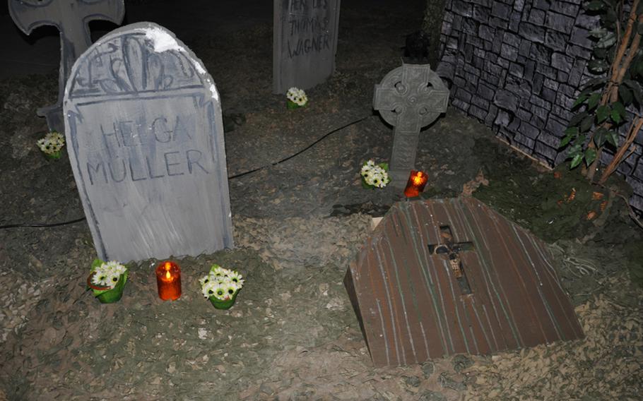 The grave of Helga Müller is replicated at the haunted house on Conn Barracks in Schweinfurt, Germany. Legend has it that Müller, suspected of being a witch, was burned at the stake  in 1610. As she was dying, she placed a curse on her grave site. Since then there have been reported sightings of her ghost every 50 years on the Halloween anniversary of her death.