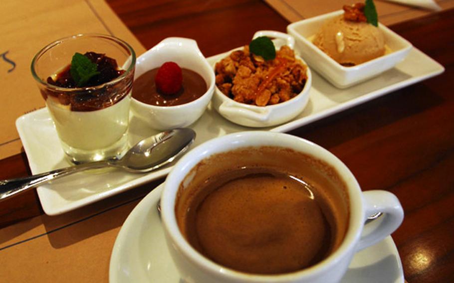 A dessert sampler and coffee at Le Saint-Ex, a French bistro in the Itaewon neighborhood of Seoul.