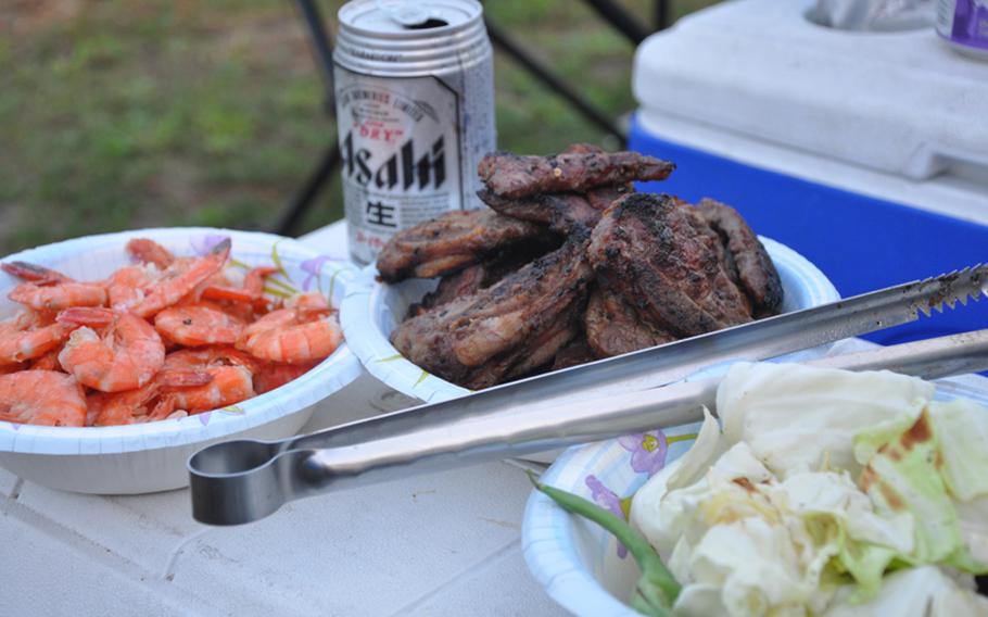 Dinner on this camping trip was barbecued shrimp, Korean short ribs and an icy-cold Japanese beer.