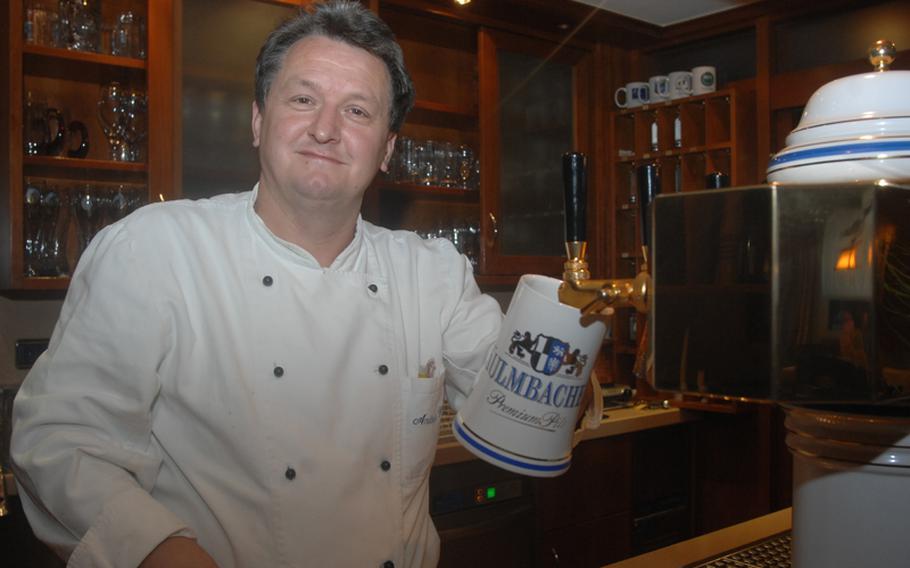 Andreas Hösl is always ready to pour a cold Kulmbacher at his hotel-restaurant, Gasthof Andreas Hösl Zum Stich'n,  in Grafenwöhr.