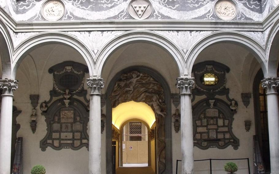 The courtyard of columns designed by Michelozzo Michelozzi is one of the attractions of the residence built for the Medici family in Florence. It is also called the Palazzo Medici Riccardi,  after the later family that acquired and expanded it.