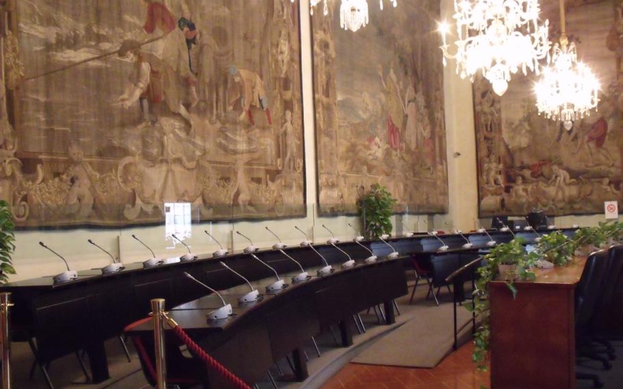 The Quattro Stagioni conference room in the Medici Riccardi Palace holds provincial council meetings against the backdrop of the 17th-century tapestries for which the room is named.