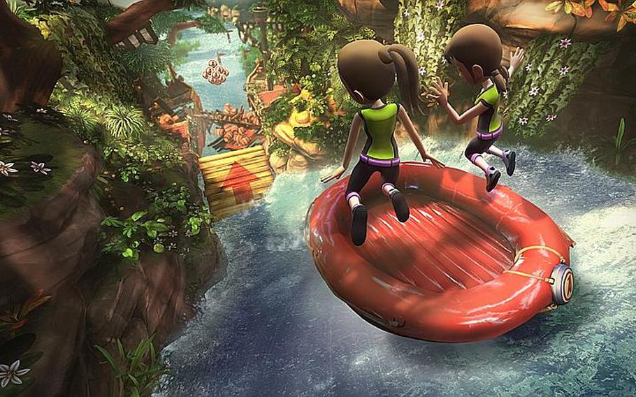 In 'Kinect Adventures,' you lean and jump to guide your raft on a wild river.