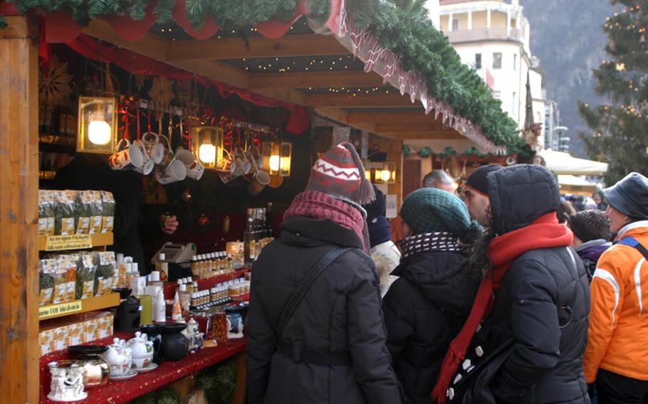 Some booths at the Christmas market in Bolzano, Italy, sold warm drinks to help shoppers fend off the cold. Others, such as this one, offered ingredients for those wanting to make their own drinks at home.