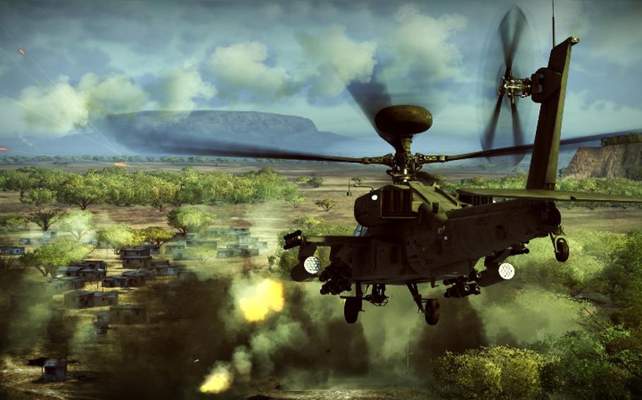 An Apache attack helicopter fires on a village in a country that resembled Somalia in 'Apache: Air Assault.'