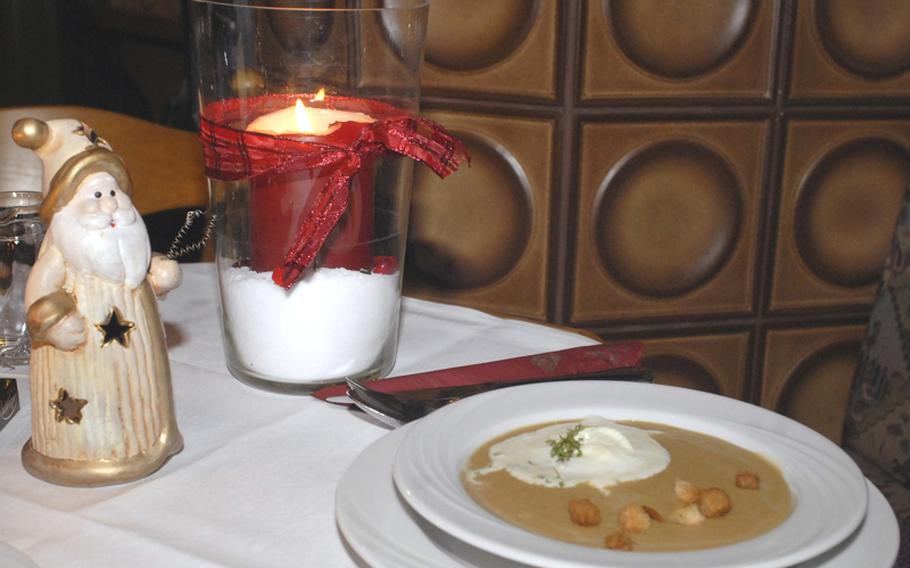 A warm bowl of chestnut soup makes a perfect starter to set the holiday spirit or warm the body at the Landgasthaus Lindenhof in Neuberg, Germany.