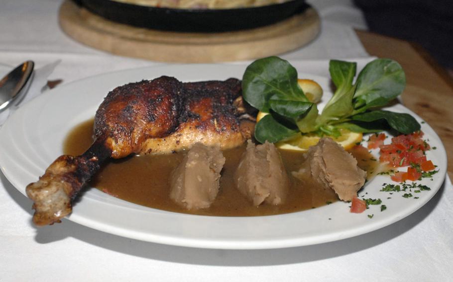 One of the more popular dishes at the Landgasthaus Lindenhof in Neuberg, Germany, is the crispy goose leg served with sides of red cabbage, potato dumplings and chestnut puree of celery with nut brittle.