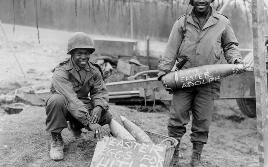 Cpl. William E. Thomas and Pfc. Joseph Jackson prepare a surprise for German troops on Easter morning, 1945. The life of black soldiers in Germany during and after World War II is the subject of a new book,  'A Breath of Freedom: The Civil Rights Struggle, African American GIs, and Germany.'