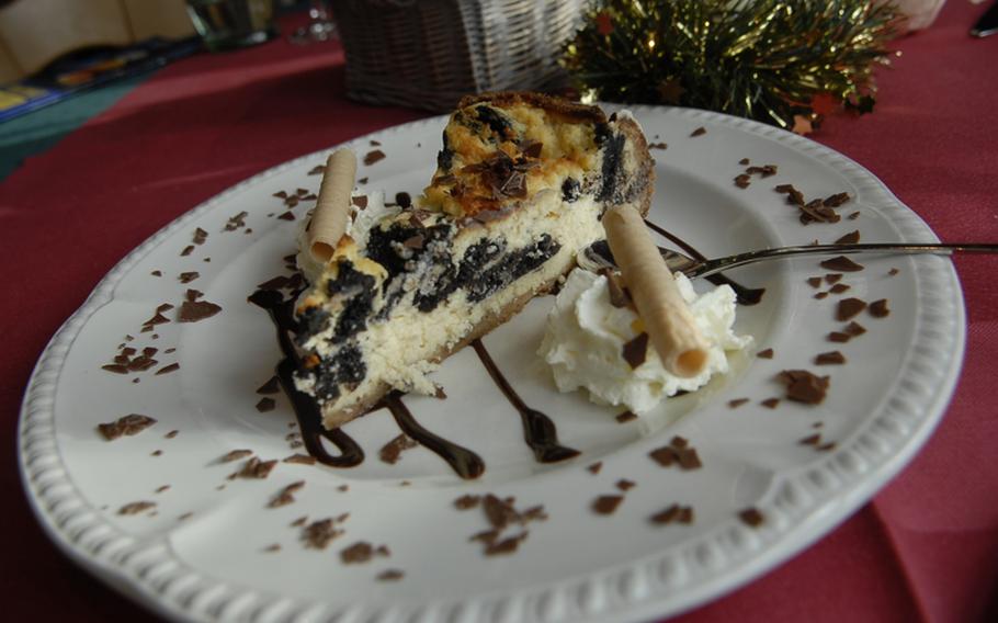 This Oreo cheesecake at Pizzeria Ristorante Gabriella in Landstuhl looks almost like a piece of art, with sprinklings of chocolate shavings, lines of chocolate sauce and dollops of whipped cream.