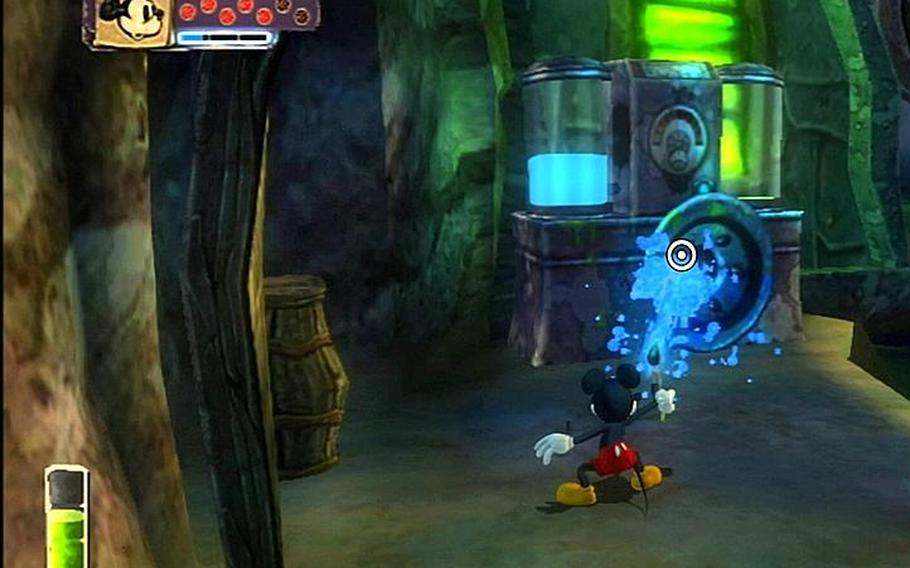 Diseny's famous mouse splashes paint on an object in 'Epic Mickey,' game for the Wii.