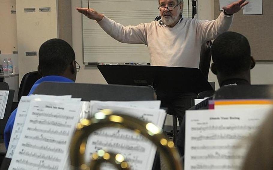 Jazz great Jiggs Whigham leads students in practice Tuesday at the annual Department of Defense Dependents Schools-Europe jazz seminar, a weeklong curriculum. Naples, Italy, is hosting this year's seminar.