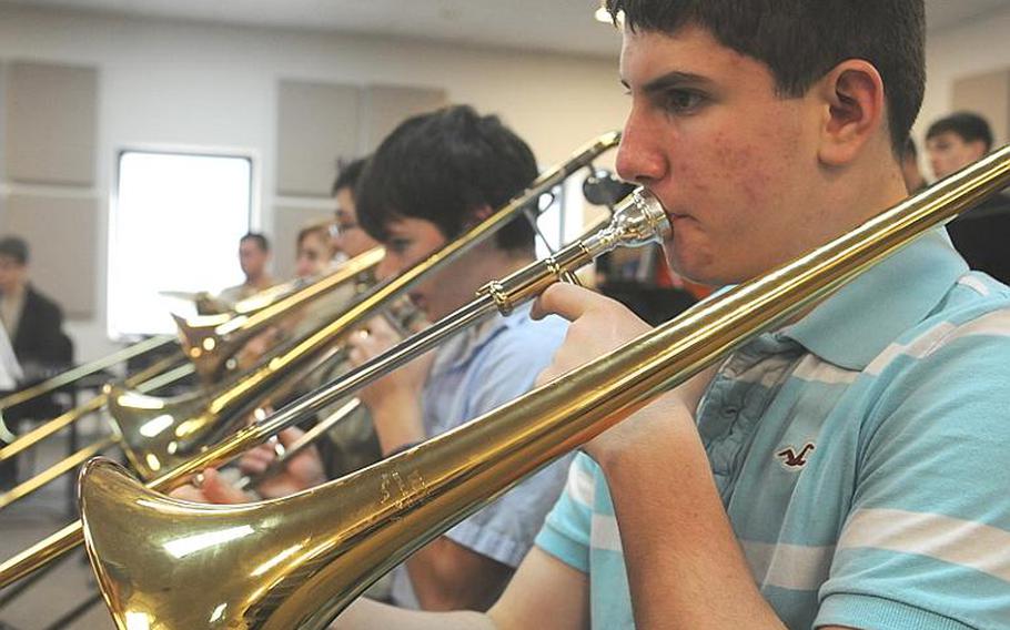 Joe Mazzara, 14, from Ramstein High School in Germany, and other students practice Tuesday at the annual Department of Defense Dependents Schools-Europe jazz seminar, a weeklong curriculum featuring tutelage with famed jazz musician Jiggs Whigham. Naples, Italy, is hosting this year's seminar.
