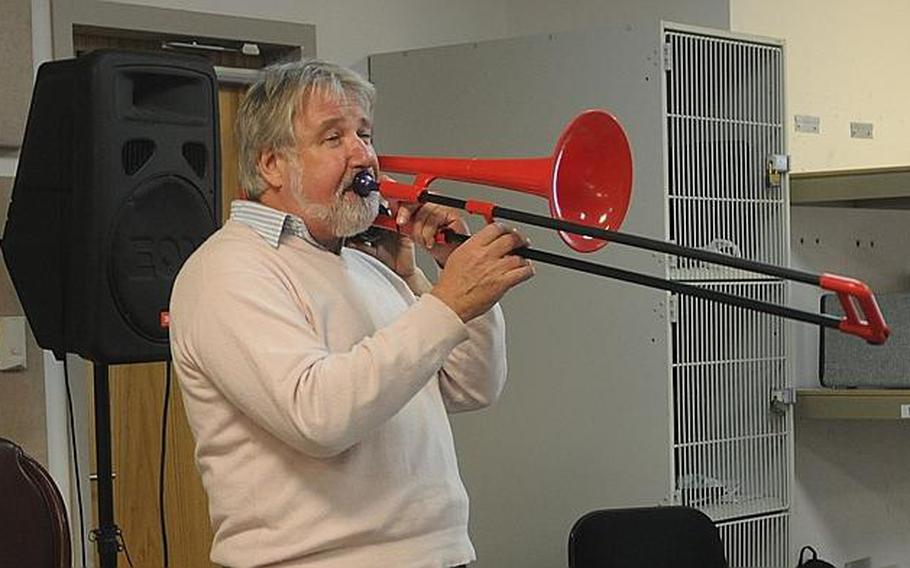 Jazz great Jiggs Whigham plays on a plastic trombone, a prototype being developed by the English company Conn-Selmer. At roughly $80 each, the plastic instrument -- which produces an amazing sound, Whigham says -- would be cost beneficial for so many students and could likely open opportunities for aspiring musicians.
