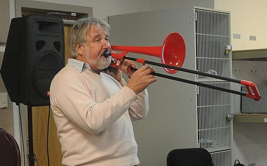 Jazz great Jiggs Whigham plays on a plastic trombone, a prototype being developed by the English company Conn-Selmer. At roughly $80 each, the plastic instrument -- which produces an amazing sound, Whigham says -- would be cost beneficial for so many students and could likely open opportunities for aspiring musicians.
