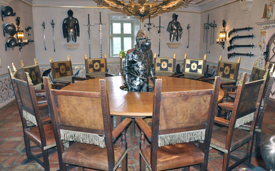 A medieval dining table for hotel guests at Burg Rabenstein can be seen during a tour of the castle, located in the hills and forests between Bamberg and Bayreuth along the famous Castle Road.