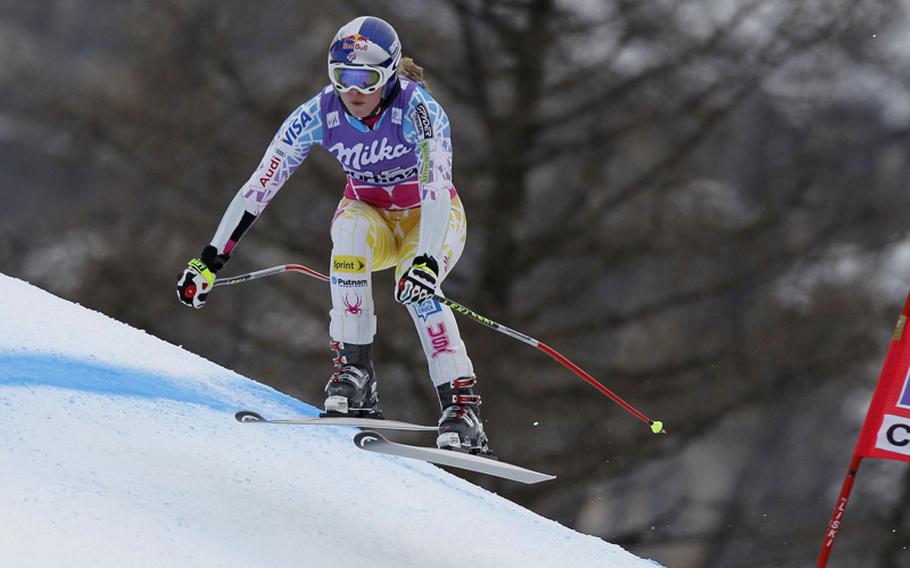 Lindsey Vonn flies down the slope at Cortina d'Ampezzo, Italy, during a training run at last month's World Cup competition. She is among the U.S. team members who will be participating in Garmisch.