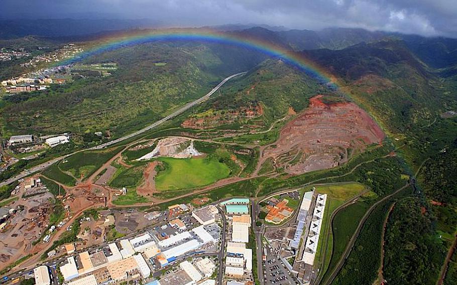 A rainbow seen during a helicopter tour around the island of Oahu.