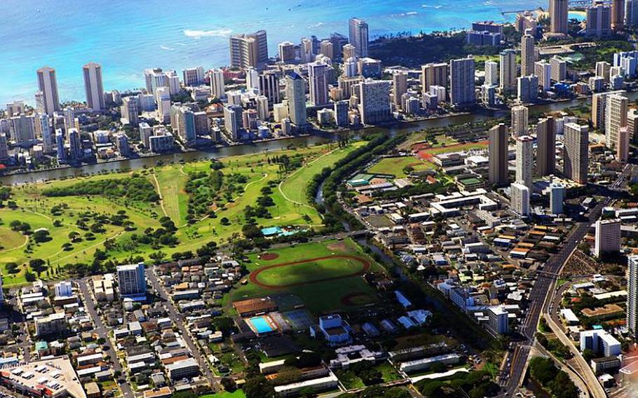 During my recent helicopter tour around the island of Oahu I got to see plenty of familiar sites including a look over central Oahu overlooking Ala Wai canal and Waikiki.