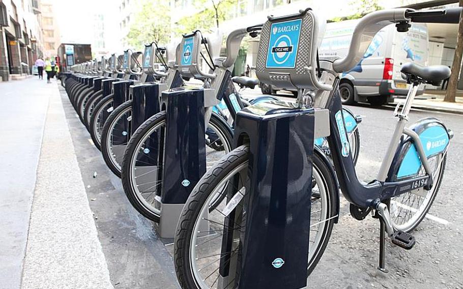 Barclays Cycle Hire rents bikes in London.