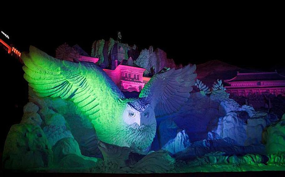 The snow and ice sculptures were equally as  impressive at night during the 62nd Annual Sapporo Snow Festival in early February.