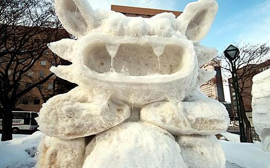 Hundreds of interesting snow and ice sculptures like this one dotted the streets of downtown Sapporo, Japan, during the city's annual snow festival.