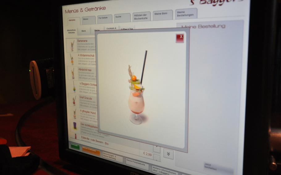 A fruity beverage is on display via the computer ordering system at a table at the 's Baggers restaurant.