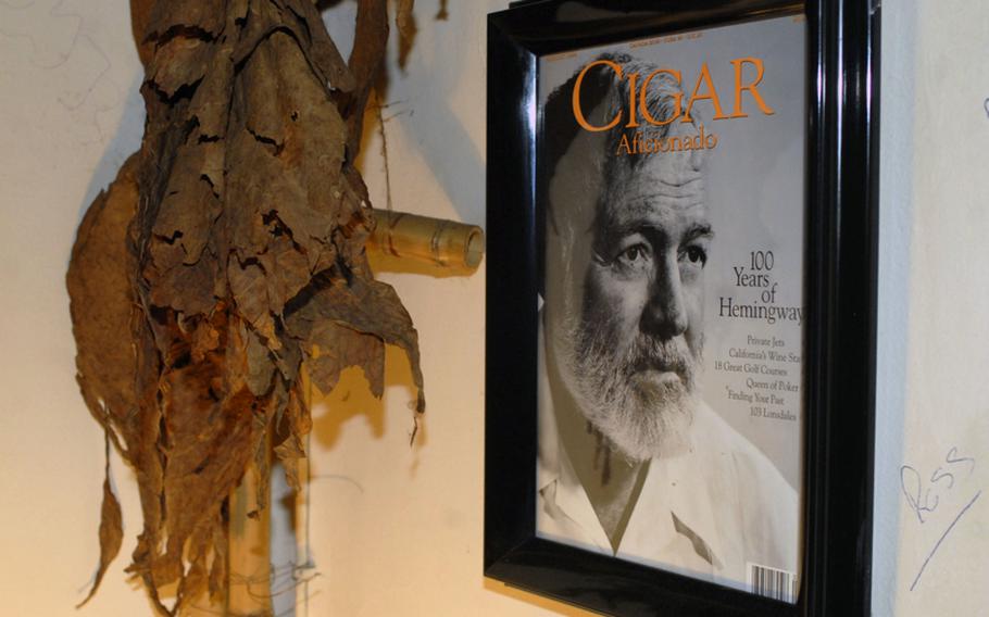 A framed magazine cover featuring Ernest Hemingway rests on the wall next to a batch of dried tobacco leaves at the Cigar Bar Lounge in Frankfurt, Germany.