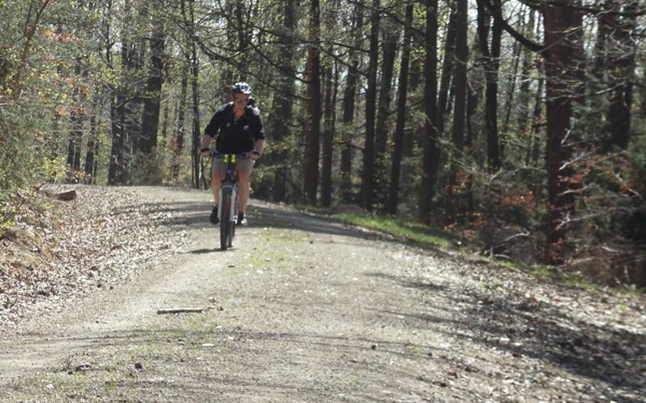 Stars and Stripes reporter Dan Blottenberger makes his way through Kreuzberg on a recent sunny day in Bamberg. More challenging trails branch off the main paths and plunge down the hillside.